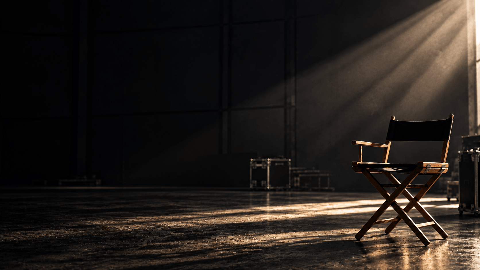 An empty director’s chair in a beam of light on a dark sound stage